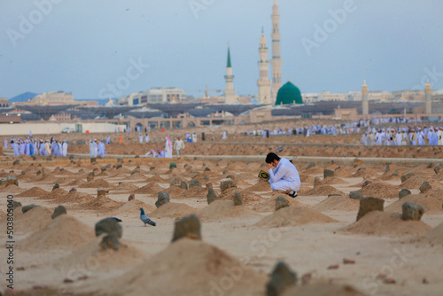 View of Baqee' Muslim cemetary at Masjid (mosque) Nabawi in Al Madinah, Kingdom of Saudi Arabia. photo