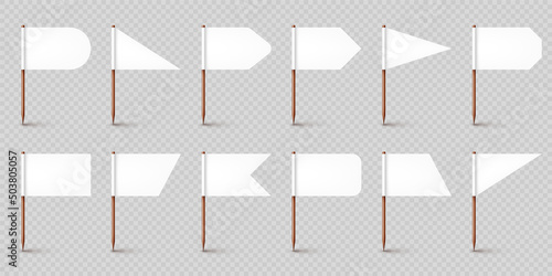 Realistic various toothpick flags. Wooden toothpicks with white paper flag. Location mark, map pointer. Blank mockup for advertising and promotions. Vector illustration