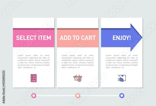 Concept of shopping process with 3 successive steps. Three colorful graphic elements. Timeline design for brochure, presentation, web site. Infographic design layout.