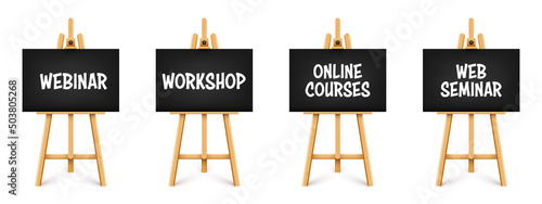 Realistic paint desk with text on black canvas. Wooden easel and a sheet of drawing paper. Presentation board on a tripod. Distance education, online courses and e-learning. Vector illustration