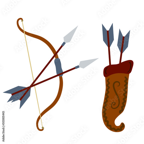 Bow and arrow. Taut bowstring. Set of objects. Flat cartoon illustration. Shooting and hunting element