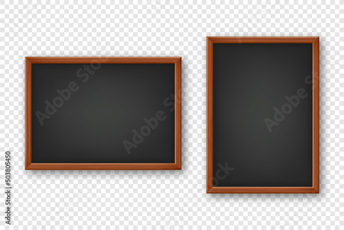 Realistic blank chalkboard in a wooden frame. School blackboard with traces of chalk, writing surface for text or drawing. Presentation board, online studying and e-learning. Vector illustration
