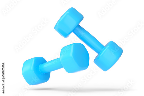 Pair of rubber blue dumbbells isolated on white background