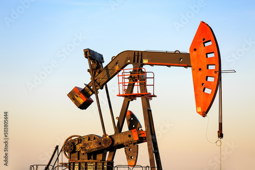 Oil well pump jack, in the Bakken oil field, near Estevan, Saskatchewan, Canada