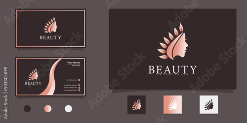 Luxury beauty woman face logo design with business card template Premium Vector