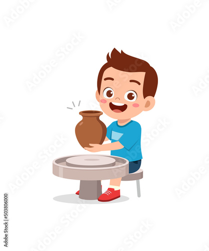 little kid make pottery and feel happy