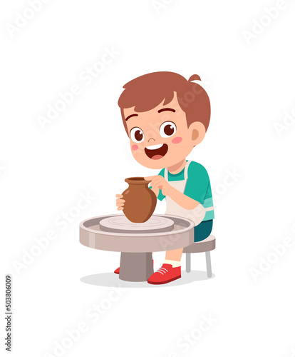 little kid make pottery and feel happy