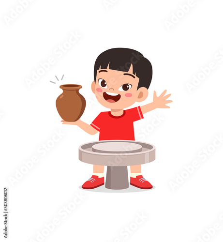 little kid make pottery and feel happy