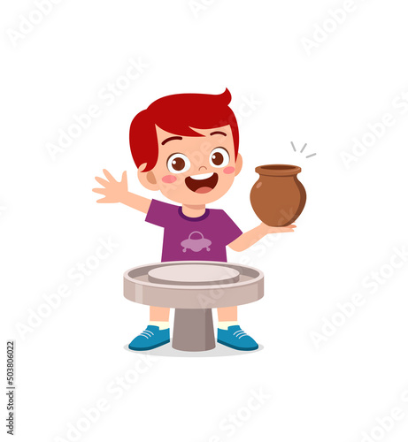 little kid make pottery and feel happy