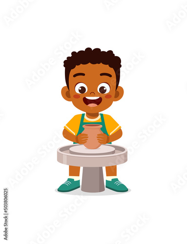 little kid make pottery and feel happy