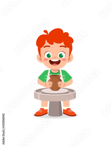 little kid make pottery and feel happy