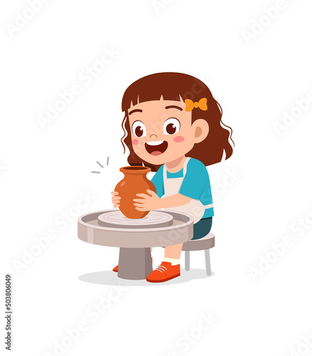 little kid make pottery and feel happy