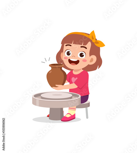 little kid make pottery and feel happy