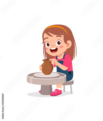 little kid make pottery and feel happy
