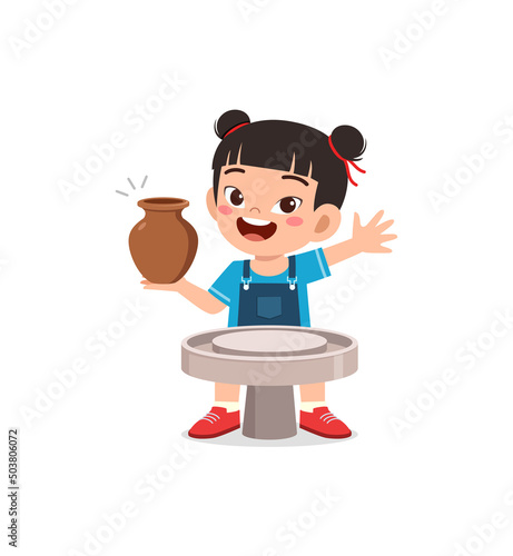 little kid make pottery and feel happy