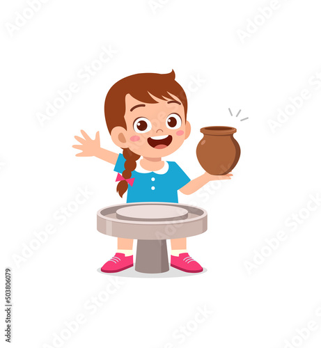 little kid make pottery and feel happy