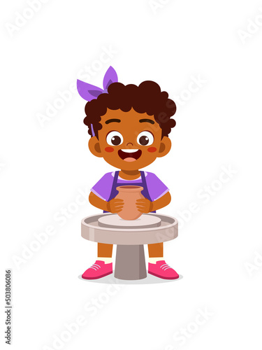 little kid make pottery and feel happy