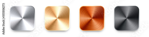 Realistic square metal chrome button. Steel volume control knob. Application interface design element. App icon. Vector illustration.