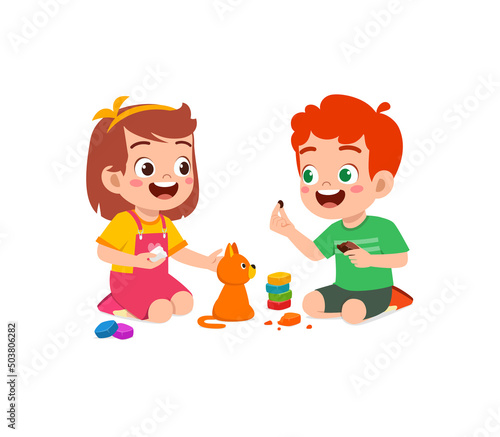 little kids and friend play with toy clay plasticine