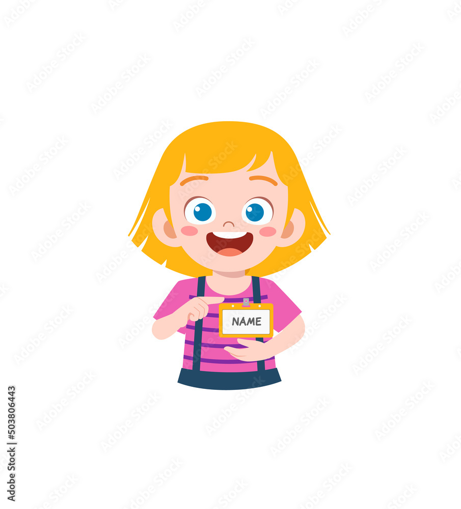 little kid holding name tag and feel happy
