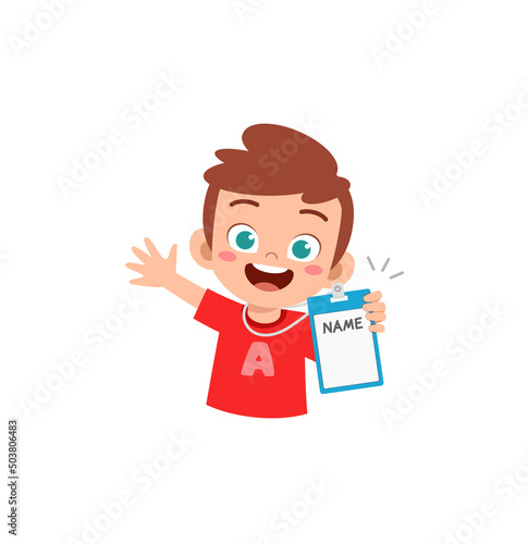 little kid holding name tag and feel happy