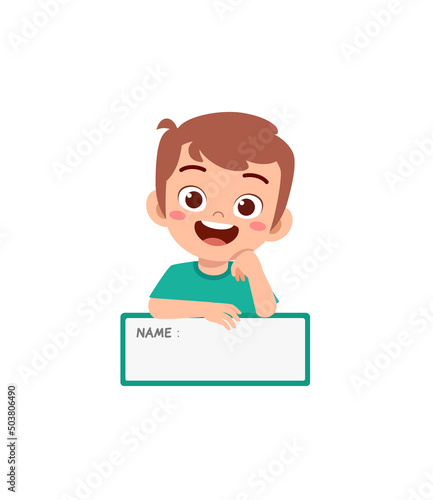 little kid holding name tag and feel happy