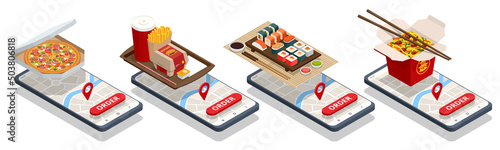 Isometric fast food delivery app on a smartphone. Ordering take away food online on a smartphone. Sushi, Coffee, Ice Cream, Burgers, Salad and Pizza
