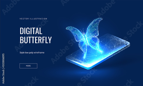 Digital butterfly on smartphone background in digital futuristic style. The concept of developing an online startup or blackchain technology. Vector illustration with light effect and neon