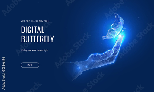 Digital butterfly in hand in digital futuristic style. The concept of the metaverse or the creation of new technologies. Vector illustration with light effect and neon