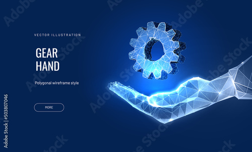 Hand with a gear in a futuristic polygonal style on a blue background. Wireframe digital illustration of a mechanic concept. Vector illustration