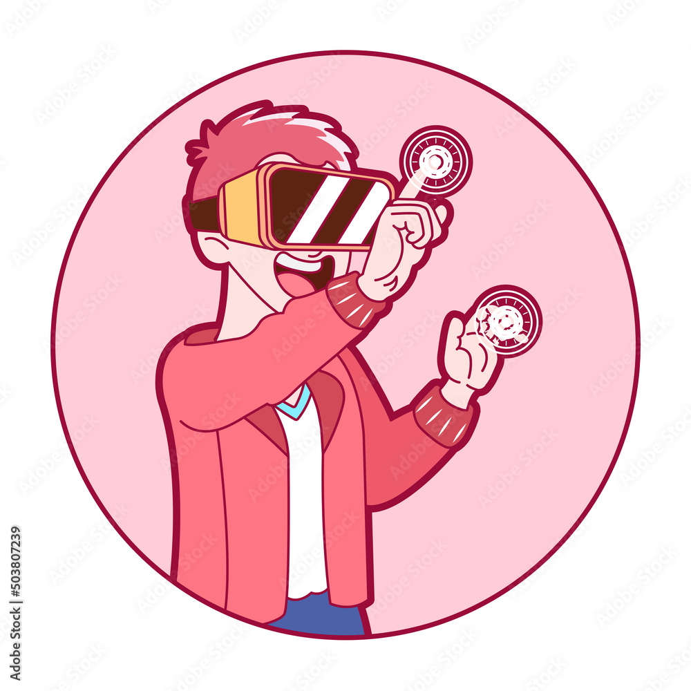 Young man Virtual reality glasses Game simulator Vector illustration Young man Virtual reality glasses Game simulator Vector illustration