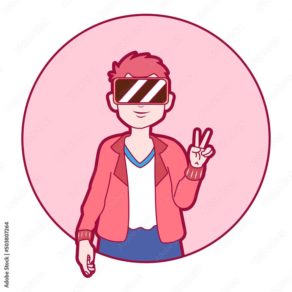 Young man Virtual reality glasses Game simulator Vector illustration