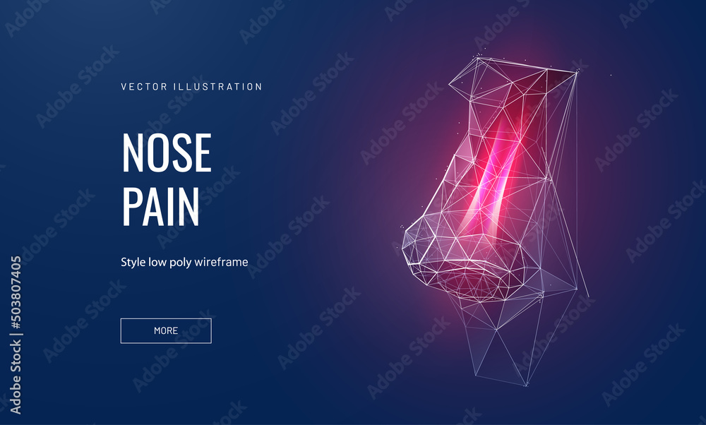 Nose pain in futuristic polygonal style. Inflammation of the nasal mucosa concept in neon glowing style on a dark background. Vector illustration shows the inside of the nose.