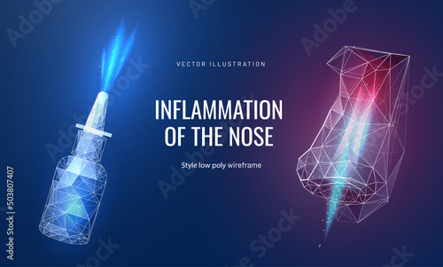 Nose disease in futuristic polygonal style. Treatment of rhinitis or allergies with spray. Otolaryngologist's landing page. Vector illustration demonstrates pain and inflammation on the nasal mucosa