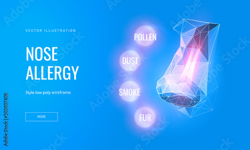 Nose diseases in infographics in futuristic polygonal style. Nose pain concept digital polygonal vector illustration on blue background. Otolaryngologist banner about seasonal allergy treatment