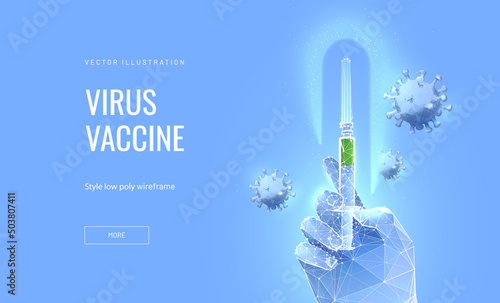 Vaccination in a futuristic digital style on a light background. Virus protection concept with vaccine help. Doctor's hand holding a syringe with medicine vector illustration