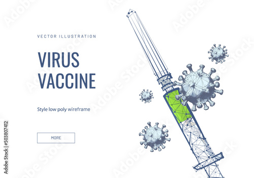 Bio tech low poly illustration. Wireframe triangular medical syringe with liquid components short names, injection polygonal art. Medical, chemical poster, biotechnology science banner design layout
