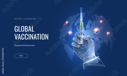 Bio tech, pharmacy low poly wireframe landing page template. Microbiology science web banner. 3d medical hypodermic in human hand polygonal illustration. Vaccine mesh art homepage design layout