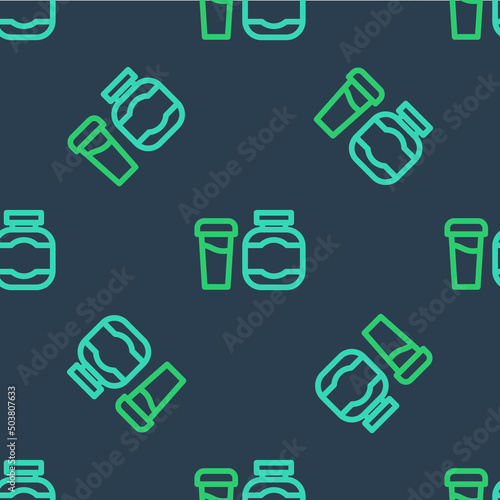 Line Sports nutrition bodybuilding proteine power drink and food icon isolated seamless pattern on blue background. Vector