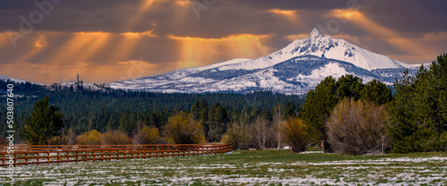 Snow covered Mt Washington  mountain  Sunset  Black Butte Ranch   town of Sisters  Central Oregon  sisters  Willamette National Forest 