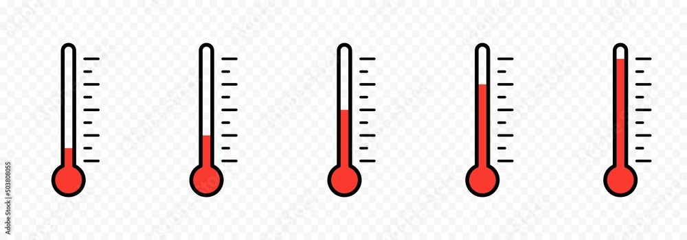 Thermometer icon. Growing temperature scale. Thermometer scales icon. Different temperatures. Flat vector thermometrt icons. Vector EPS 10 - obrazy, fototapety, plakaty 