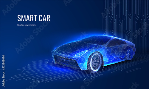 Digital car in a futuristic style. Concept for a banner or landing page for the presentation of automotive technology. Vector illustration with light effect and neon