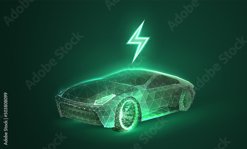 Electric car in digital futuristic style. Eco green energy for vehicles with light effect. Vector illustration of ev in neon style on a green background.