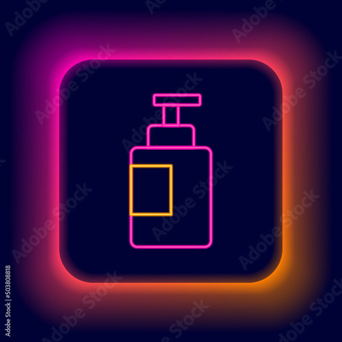 Glowing neon line Hand sanitizer bottle icon isolated on black background. Disinfection concept. Washing gel. Alcohol bottle for hygiene. Colorful outline concept. Vector