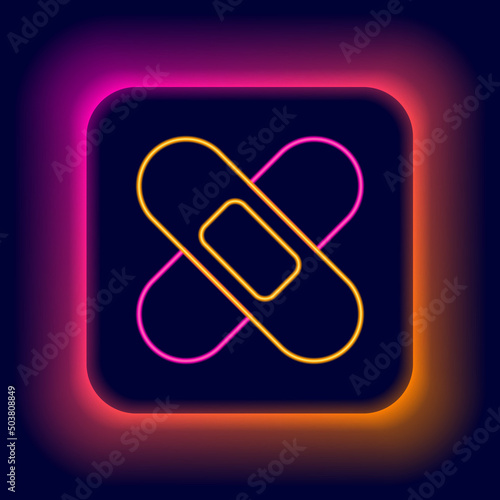Glowing neon line Crossed bandage plaster icon isolated on black background. Medical plaster, adhesive bandage, flexible fabric bandage. Colorful outline concept. Vector