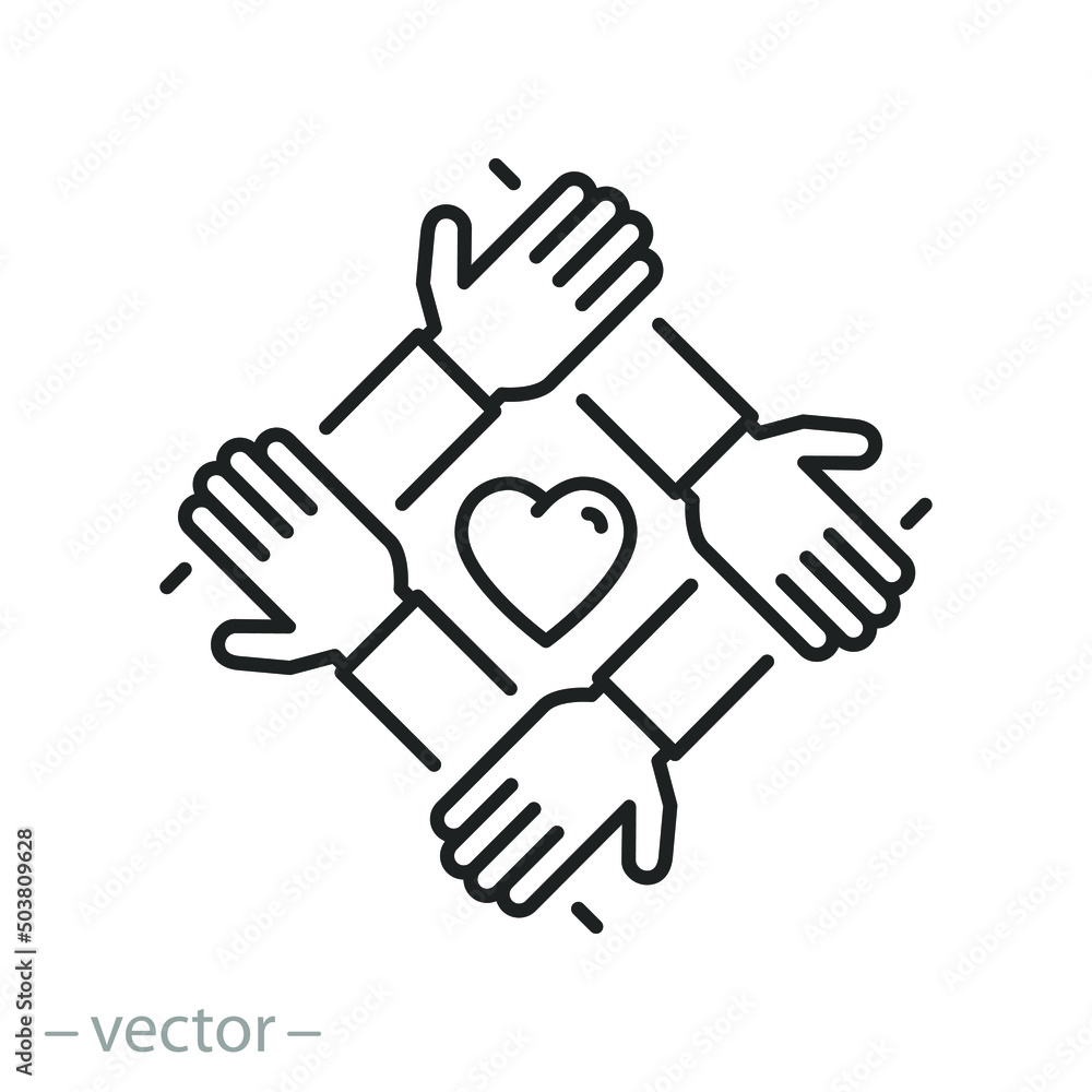 charity effort icon, join the volunteer team, together teamwork, leadership initiative in the employee community, thin line web symbol on white background - editable stroke vector illustration charity effort icon, join the volunteer team, together teamwork, leadership initiative in the employee community, thin line web symbol on white background - editable stroke vector illustration