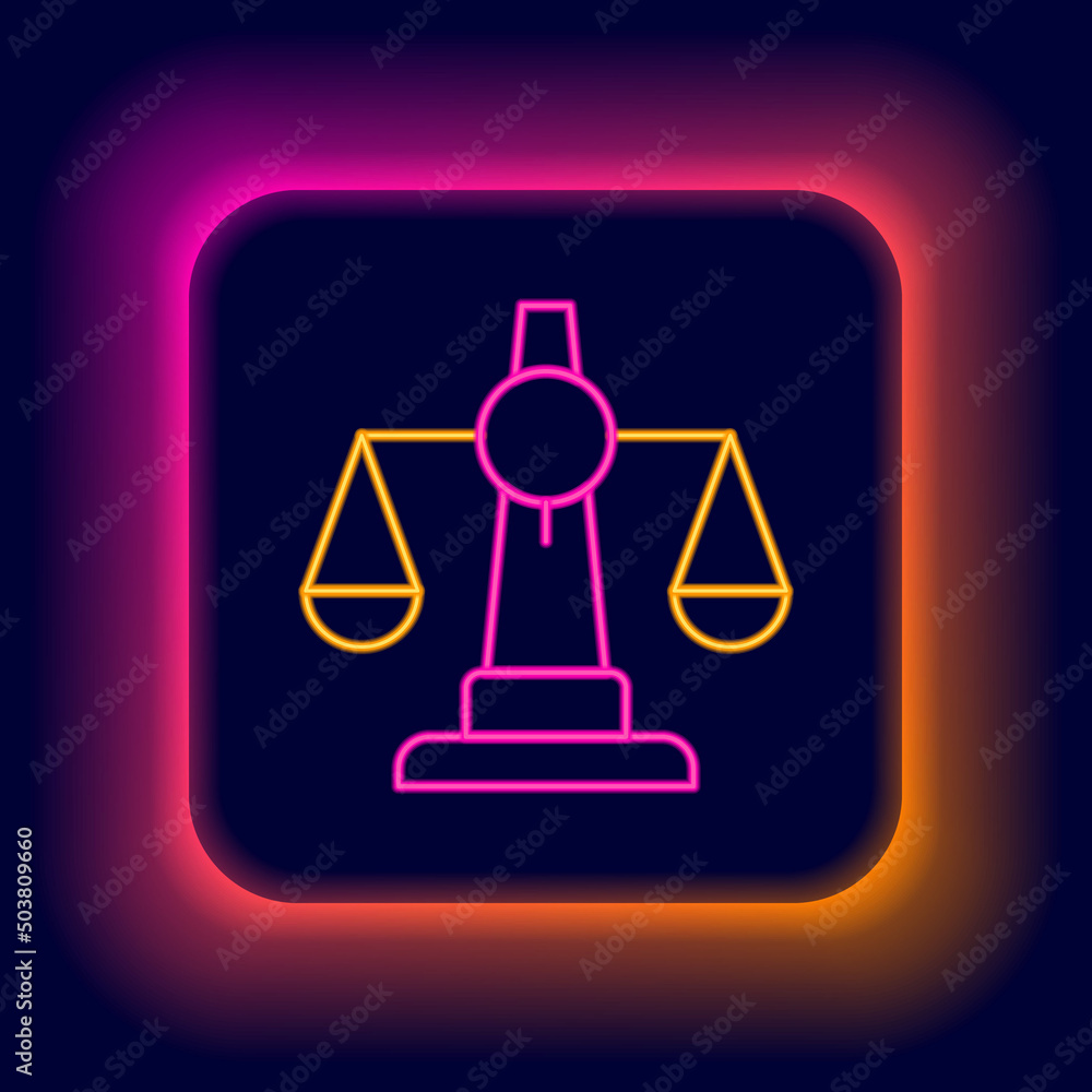 Glowing neon line Scales of justice icon isolated on black background. Court of law symbol. Balance scale sign. Colorful outline concept. Vector Glowing neon line Scales of justice icon isolated on black background. Court of law symbol. Balance scale sign. Colorful outline concept. Vector