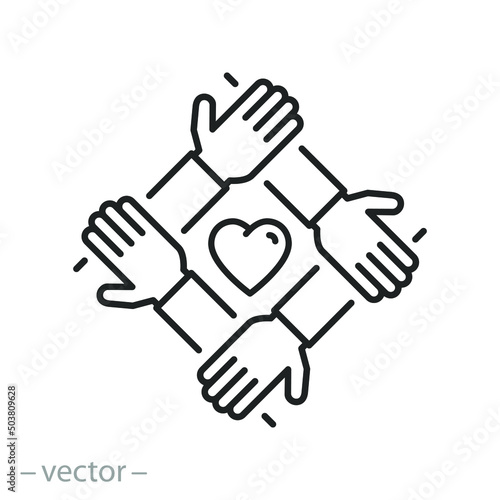 charity effort icon, join the volunteer team, together teamwork, leadership initiative in the employee community, thin line web symbol on white background - editable stroke vector illustration