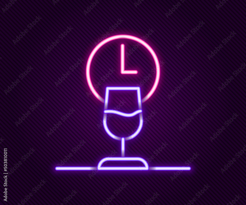 Glowing neon line Wine time icon isolated on black background. Wine glass. Wineglass sign. Colorful outline concept. Vector Glowing neon line Wine time icon isolated on black background. Wine glass. Wineglass sign. Colorful outline concept. Vector