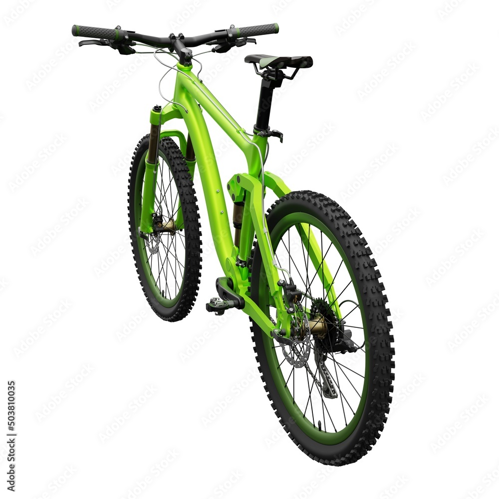 Green mountain bike on an isolated white background. 3d rendering.